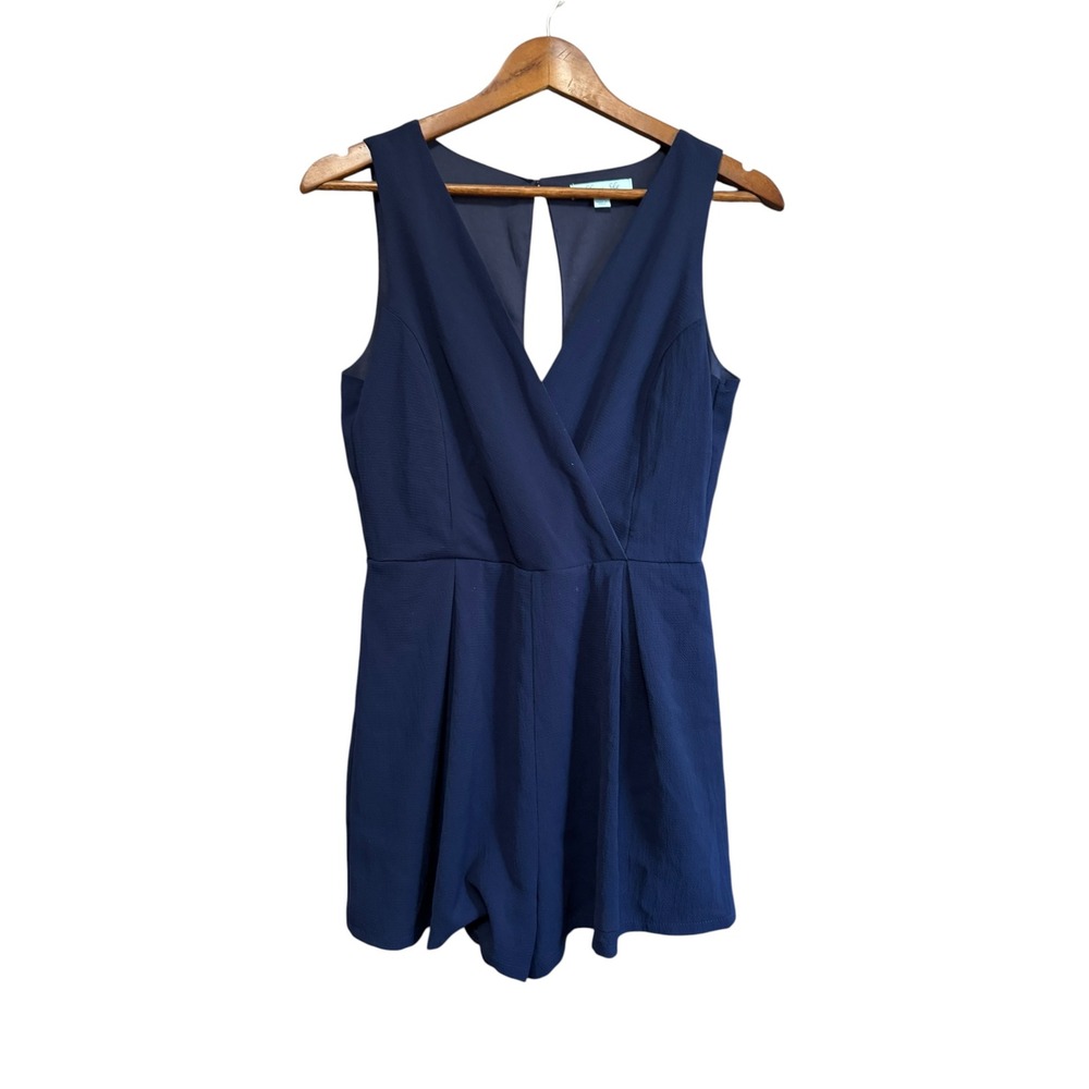She + Sky Romper Womens Medium Navy Blue Excellent Surplice V-Neck Back Cutout